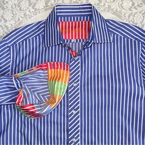 Robert Graham Blue Striped Button Down Designer Men's Shirt Flip Cuffs Large